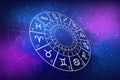 Zodiac circle on the background of the dark cosmos. Astrology. The science of stars and planets Royalty Free Stock Photo