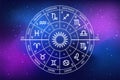 Zodiac circle on the background of the dark cosmos. Astrology. The science of stars and planets Royalty Free Stock Photo