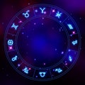 Zodiac circle frame, star constellations, horoscope symbols, vector illustration Royalty Free Stock Photo