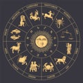 Zodiac circle of horoscope signs and Sun, Crescent Royalty Free Stock Photo