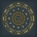 Zodiac circle with horoscope signs. Thin line vector design. Astrology symbols and mystic signs. Royalty Free Stock Photo