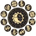 Zodiac circle with Sun, Moon and antique signs