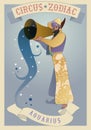 Zodiac Circus. Aquarius sign. Bearded man dressed as a magician in oriental style, holding a magic container from which water