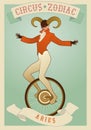Zodiac Circus. Aries sign. Tightrope walker wearing horns acting on unicycle Royalty Free Stock Photo