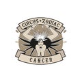 Zodiac Circus Emblem. Cancer sign. Contortionist girl, dressed in circus clothes, balancing on a support