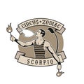 Zodiac Circus Emblem. Fire eater man blowing fire. Wearing old style clothes and tattoos. Scorpion tail