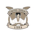 Zodiac Circus Emblem. Libra sign. Oriental girl juggling dishes on a pole