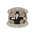 Zodiac Circus Emblem. Sagittarius. Archer shooting arrows. Wearing top hat and elegant hunter clothes