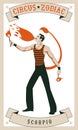 Zodiac Circus. Scorpio sign. Fire eater man blowing fire. Wearing old style clothes and tattoos. Scorpion tail shadow