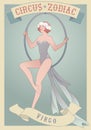 Zodiac Circus. Virgo sign. Young trapeze artist girl sitting on a hoop