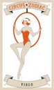 Zodiac Circus. Virgo sign. Young trapeze artist girl sitting on a hoop