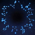 Zodiac constellation arranged at circle on stars field universe background