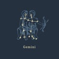 Zodiac constellation of Gemini in engraving style. Vector retro graphic illustration of astrological sign Twins. Royalty Free Stock Photo