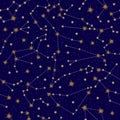 Zodiac constellation seamless pattern. Golden constellations and stars on a dark background. Horoscope signs in the starry sky. Royalty Free Stock Photo