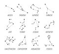 Zodiac constellations. Aries, Taurus, Leo, Gemini, Virgo, Scorpio, Libra, Aquarius, Sagittarius, Pisces, Capricorn, Cancer. Vector