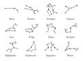 Zodiac constellations. Minimalist star signs, astrology constellation shape with titles vector illustration set Royalty Free Stock Photo