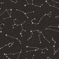 Zodiac Constellations Seamless Pattern on the starry black background in Minimal Trendy Style. Vector Space backdrop. Royalty Free Stock Photo