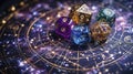 zodiac dice on table with star chart background
