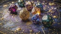 zodiac dice on table with star chart background