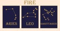 Zodiac fire signs. Aries leo and sagittarius. Golden star constellations on darkbackground, horoscope element. Astrology