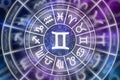 Zodiac Gemini symbol inside of horoscope circle