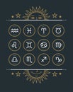 Zodiac icon collection. Sacred symbols set. Vintage style design elements of horoscope and astrology purpose. Thin line