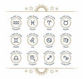 Zodiac icon collection. Sacred symbols set. Vintage style design elements of horoscope and astrology purpose. Thin line