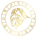 Zodiac sign capricorn and circle constellations in maori tattoo style. Gold on white background vector illustration