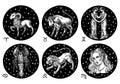 Zodiac icons. Astrology horoscope with signs. Calendar template. Collection outline animals. Classic vintage style Royalty Free Stock Photo