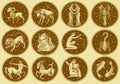 Zodiac icons. Astrology horoscope with signs. Calendar template. Collection outline animals. Labels or stickers for the Royalty Free Stock Photo