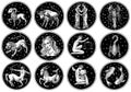 Zodiac icons. Astrology horoscope with signs. Calendar template. Collection outline animals. Vintage style. Libra