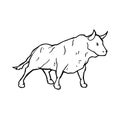 Bull hand drawn animal with big strong horns, outline illustration image. Simple animal logo symbol decoration. Royalty Free Stock Photo