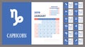 2019 zodiac planner. Vector callendar. Week starts on Sunday