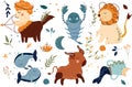 Zodiac Sagittarius, Aquarius, Pisces, Scorpio, cute Leo, Taurus with leaves, flowers. Set Astrological zodiac Signs