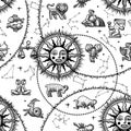 Zodiac seamless pattern background with the sun, signs and the constellations Royalty Free Stock Photo