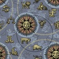 Zodiac seamless pattern background with the sun, signs and the constellations