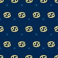 Zodiac seamless pattern. Repeating cancer gold sign with stars on the blue background. Vector horoscope symbol Royalty Free Stock Photo