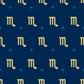 Zodiac seamless pattern. Repeating scorpio gold sign with stars on the blue background. Vector horoscope symbol Royalty Free Stock Photo