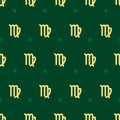 Zodiac seamless pattern. Repeating virgo gold sign with stars on the green background. Vector horoscope symbol Royalty Free Stock Photo