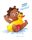 Zodiac sign Aquarius. African American child enjoys swimming. water fun, splashing and rescue circle inflatable duck. Royalty Free Stock Photo