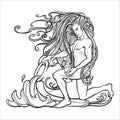 Zodiac sign Aquarius. Beautiful young man with long hair holding large amphora. Black and white sketch