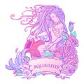 Zodiac sign Aquarius. Beautiful young man with long hair holding large amphora. Pastel goth palette