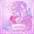 Zodiac sign Aquarius. Beautiful young man with long hair holding large amphora. Pastel goth palette