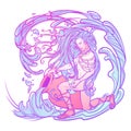 Zodiac sign Aquarius. Beautiful young man with long hair holding large amphora. Pastel goth palette