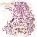 Zodiac sign Aquarius. Beautiful young man with long hair holding large amphora. Royalty Free Stock Photo