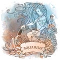 Zodiac sign of Aquarius, element of Air. Intricate linear drawing on watercolor textured background.