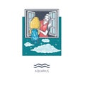 Zodiac sign Aquarius. A girl stands at the window and pours water from a jug.