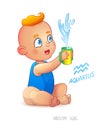 Zodiac sign Aquarius. Happy babyboy enjoys splashes in feeding cup. Water Game. Horoscope