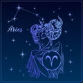 Zodiac sign Aries as a beautiful girl. The Constellation Of Aries. Night sky. Horoscope. Astrology. Vector Royalty Free Stock Photo