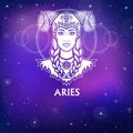 Zodiac sign Aries. Fantastic princess, animation portrait. White drawing, background - the night stellar sky. Royalty Free Stock Photo